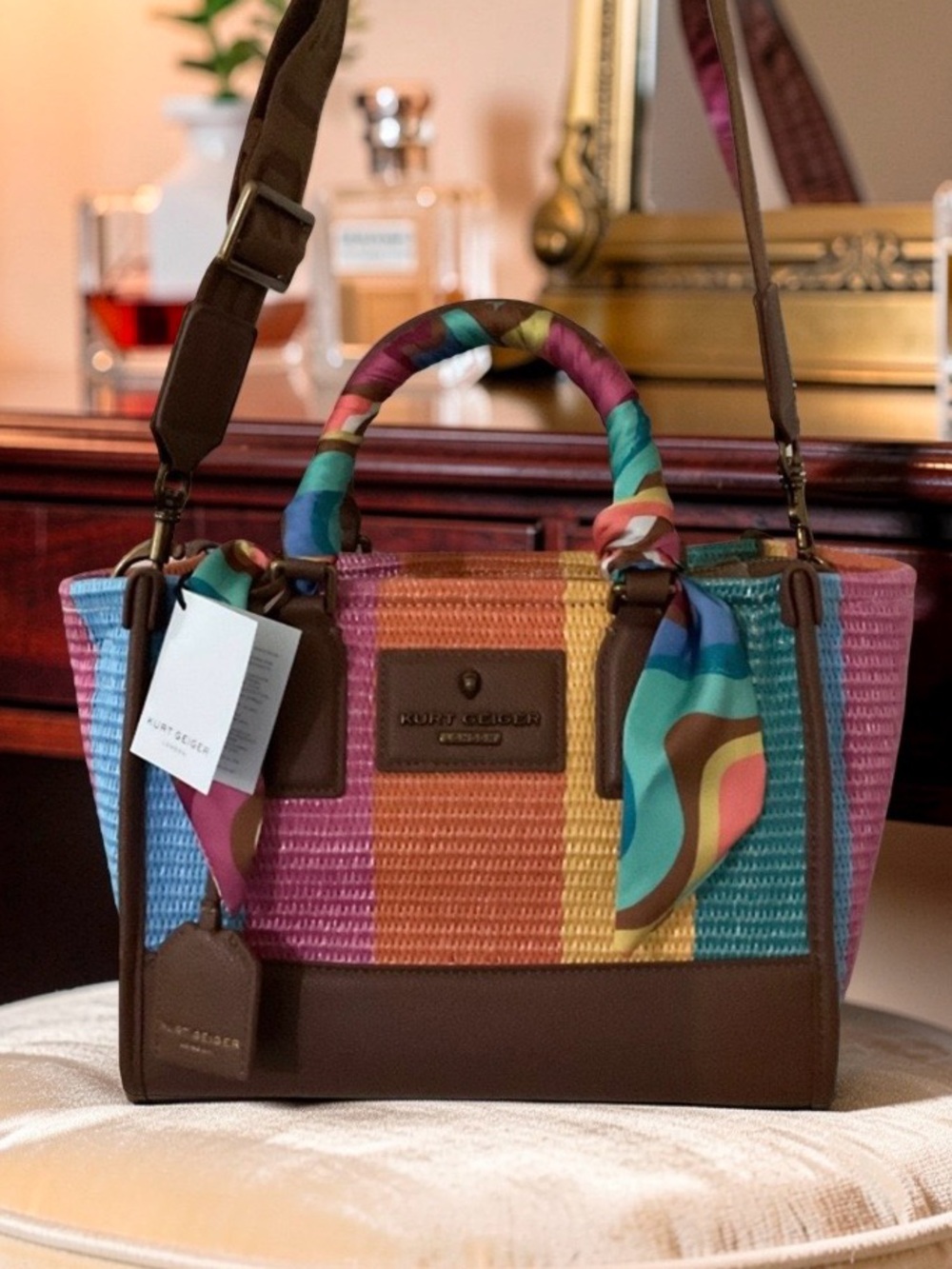 Kurt Geiger multicolored ,scarf satchel,adjustable logo crossbody strap bag